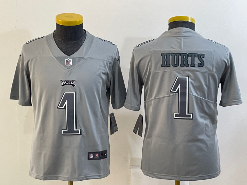 Youth Philadelphia Eagles #1 Jalen Hurts Gray Atmosphere Fashion Stitched Football Jersey Youth Philadelphia Eagles #1 Jalen Hurts Gray Atmosphere Fashion Stitched Football Jersey